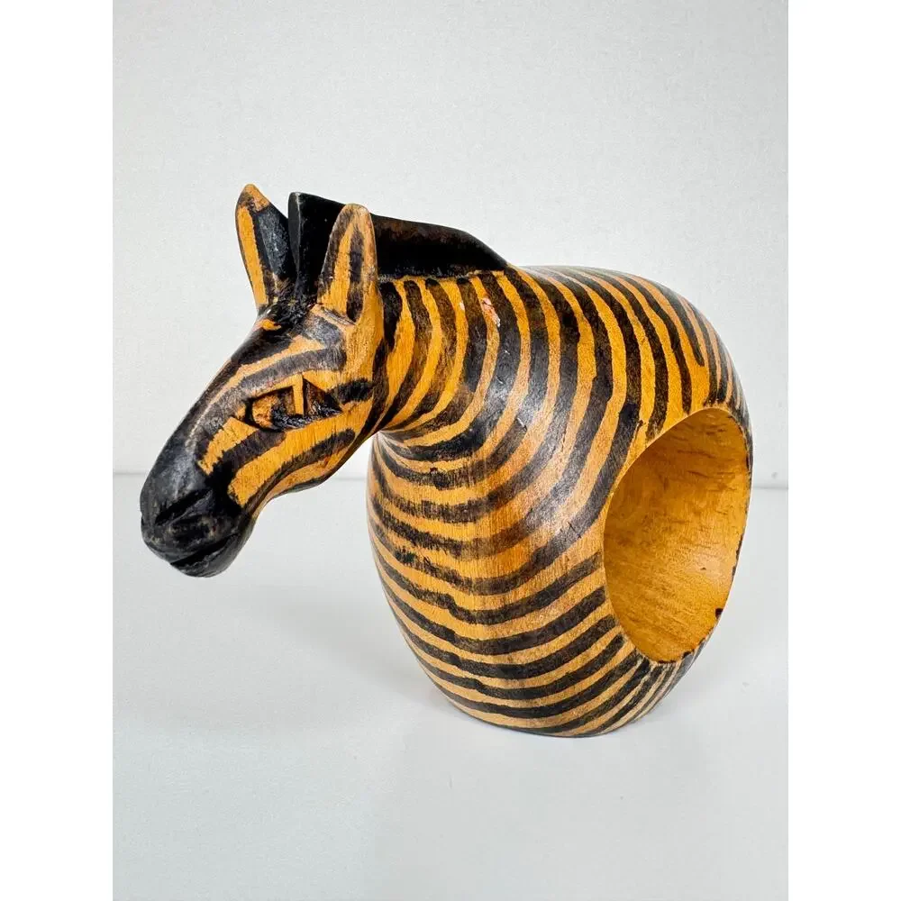 Vintage Hand Carved Wood Zebra Napkin Rings Set of 4 African Safari Decor